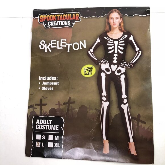 Spooktacular Creations Halloween Costume L Skeleton Jumpsuit Gloves Glow In Dark - Picture 9 of 11